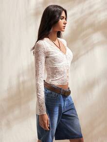 Easelle White Lace Bodysuit Long-Sleeved Top (Women's), Front Button Closure, Sheer Lace Top, Spring/Summer 2026. - White - View 6