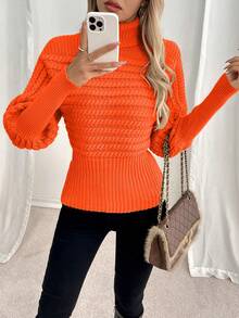 EMERY ROSE 高领麻花针织宽松时尚超大修身套头毛衣 - 橘色 - 查看 5