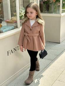 SHEIN Elladie kids 年輕女孩毛絨裝飾連帽系腰帶大衣（無毛衣） - 駝色 - 查看 5