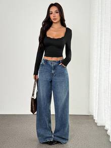 SHEIN PETITE Áo thun nữ cổ tròn tay dài phối ren màu tương phản trơn - màu đen - Xem 7