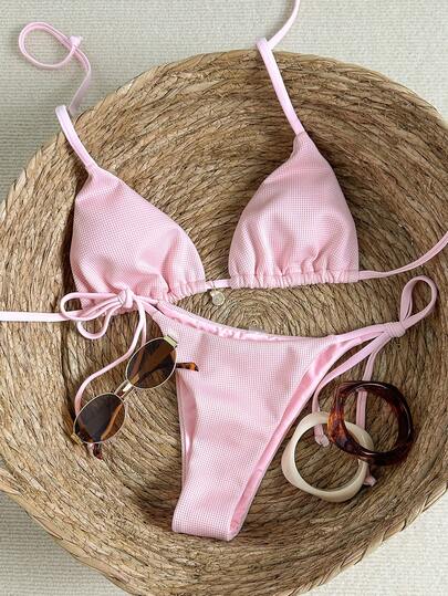 Swim Mod Women's Halter Neck Jacquard Fabric Metal Decor Bikini Set, Spring/Summer