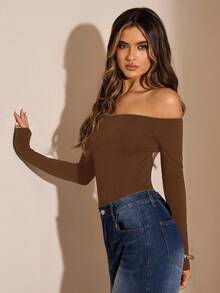 SHEIN BAE 1 bộ đồ liền thân hở vai tay dài màu đen trơn cho nữ, bộ đồ liền thân thanh lịch, bộ đồ liền thân nhiều lớp thời trang thu/đông - màu nâu - Xem 4