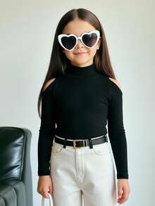 Firerie Kids Firerie Kids Young Girl Solid Color Stand Collar Cutout Shoulder Casual T-Shirt, Christmas, Fitted Vintage Gigot Sleeve Mock Neck T-Shirt, Sport Style ,Great For Casual & Daily Wear & School Daily In Autumn & Winter, Cool Street Style, Daily Wear, School Daily,Y2k Girl, Casual & Cute, Tight Black Top - Multicolor - View 3