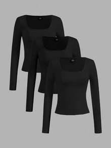 Tseoso 3pcs Black 95% Cotton Cropped Casual Fitted T-Shirts, Suitable For Summer Spring - Black - View 11