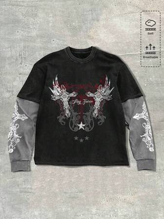 Goth Maglietta casual da uomo a girocollo, manica lunga, con stampa di lettere e croci