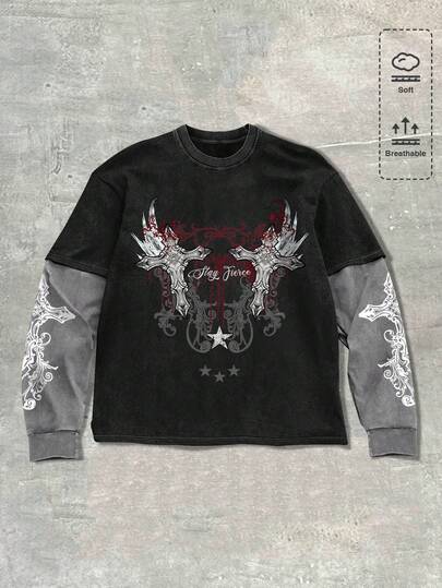 Goth Camiseta de manga larga con cuello redondo casual con estampado de letras y cruz para hombre