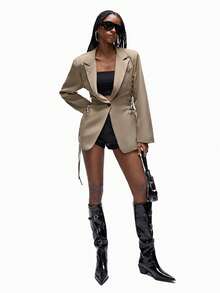 Aveloria Affinna Side Cinched Eyelet Lace-Up Adjustable Design Punk Chic Casual Versatile Women Blazer Jacket - Cadet Blue - View 3