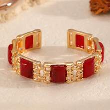 Glisma 1 Pc 18 K Gold Plated Stainless Steel Hollow Bamboo Bangle Bracelet, Natural Stone Decor, High-End Jewelry Gift For Friends,Outfits, Old Money,Metallic/Texture,Gemstone,For Mom/Women/Girl/Mother,Premium,Vintage,Classy Old Money,Outfits,Classy,Metallic/Texture,Vintage,Elegant,For Mom/Women/Girl/Mother,Gemstone,Heart,Valentine's Day,Gold,Easter,Travel/Beach/Vacation,Boho,Grunge - Yellow Gold - View 8