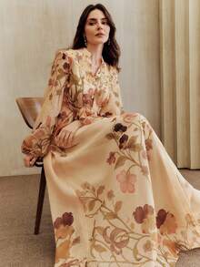 Anewsta Women's Floral Print Ruffle Decor Cinched Waist Maxi Dress, Elegant Casual Long Dress, Spring/Summer Resort Wear, Luxury Abaya Style - Yellow - View 7