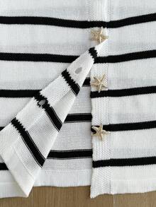 Comfortcana Cardigã listrado sem mangas com decoração de estrela-do-mar metálica para mulheres plus size - Preto e Branco - Ver 6