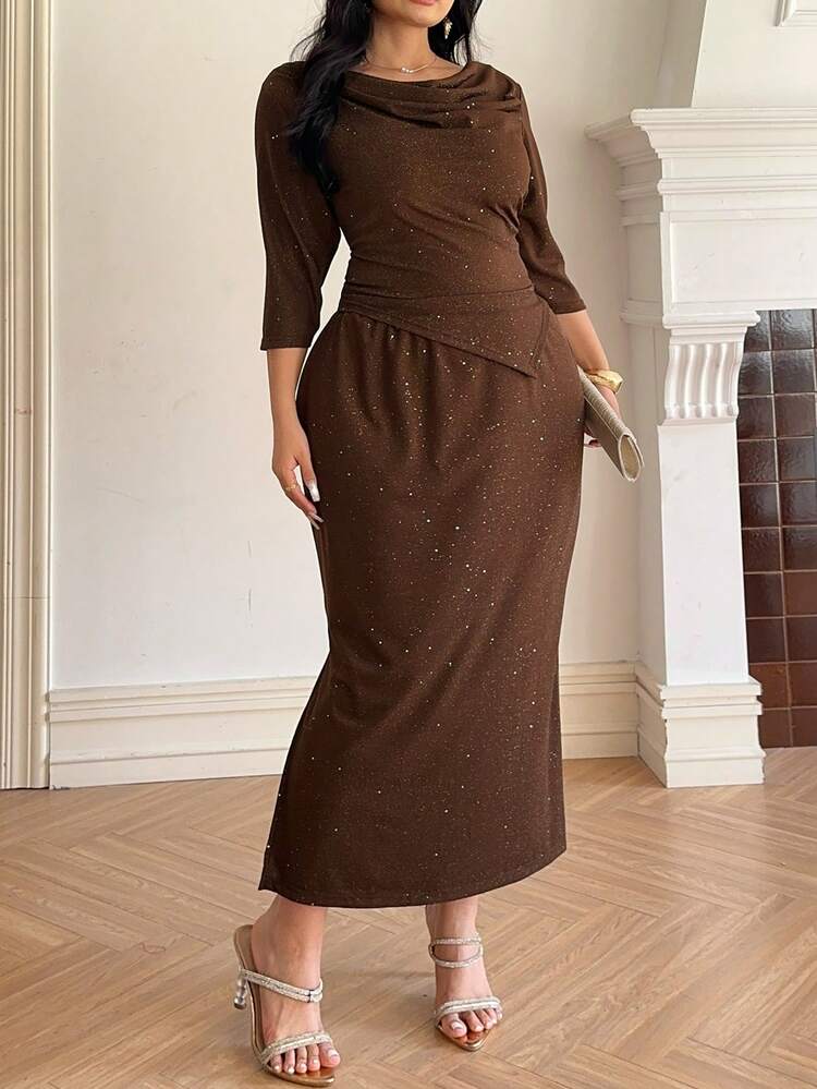 Dazy Plus Valentine Elegant 2 Pieces Set: Long Sleeve Mesh & Sequin Patchwork Top With Asymmetric Hem And Wrap Skirt, Suitable For Formal Events