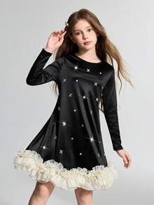 Maija Kids Tween Girl Knit Color Block Rhinestone Decor Round Neck Long Sleeve Casual Elegant Dress - Black - View 5