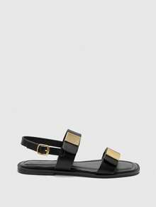 CUCCOO BIZCHIC Women's Fashionable Minimalist Gold Decor Backstrap Flat Sandals, Versatile For Summer - Black - View 8