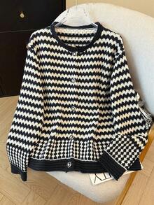 GlowEve CURVE Áo khoác cardigan dệt kim kẻ sọc màu tương phản thường ngày dành cho nữ, dáng rộng, tay dài, cỡ lớn, thu/đông - màu đen - Xem 1