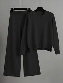 EMERY ROSE 女士优雅宽松长袖系腰针织衫裤套装，大码，适合外出、派对、婚礼宾客等场合，秋冬季 - 黑色 - 查看 1