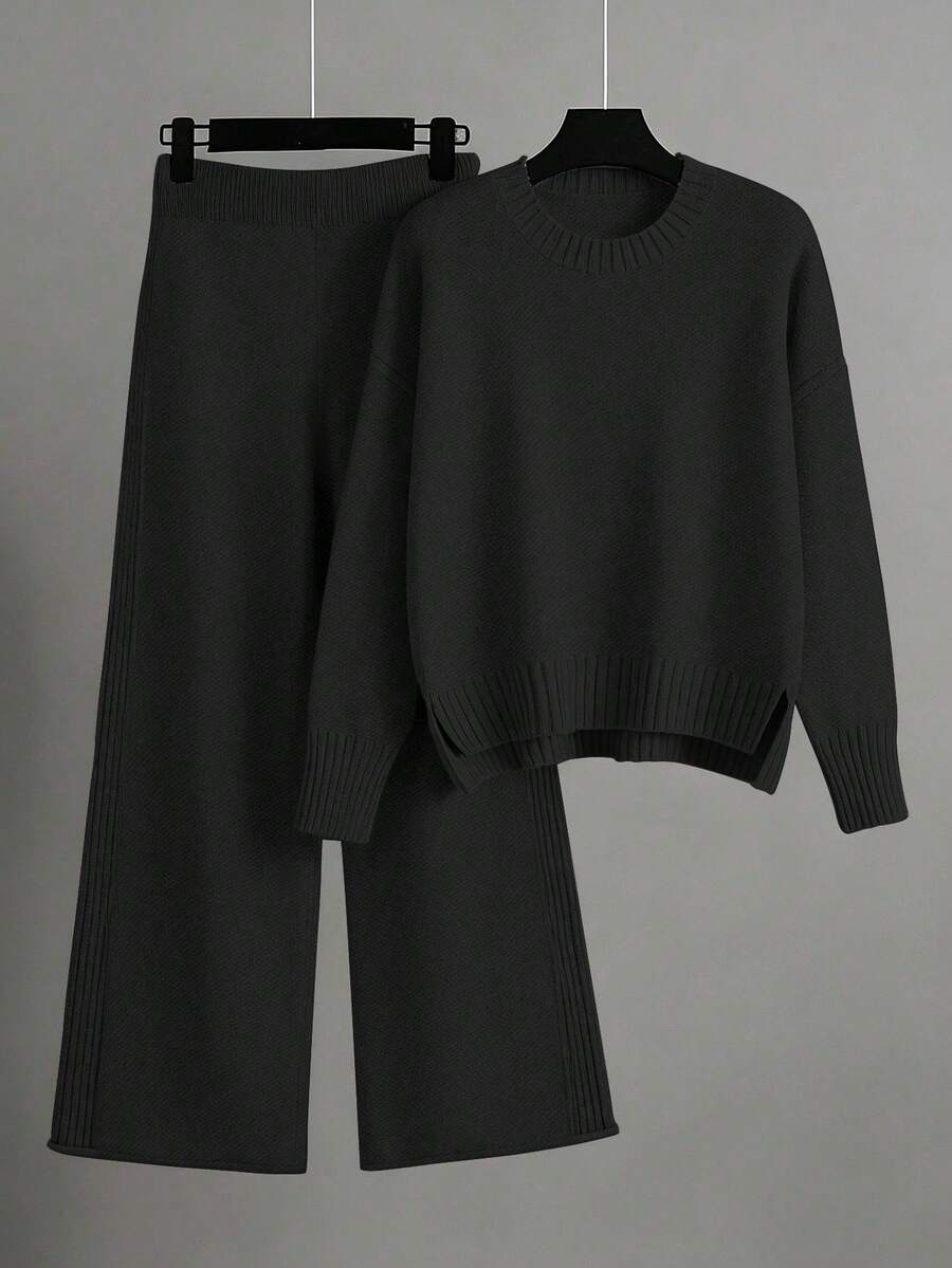 EMERY ROSE 女士优雅宽松长袖系腰针织衫裤套装，大码，适合外出、派对、婚礼宾客等场合，秋冬季 - 黑色 - 查看 1