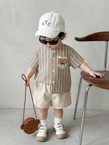 SHEIN Playful Pals 两件套婴儿套装，适合6个月至3岁宝宝，男女宝宝通用，卡其色条纹小熊印花短袖衬衫+纯色弹力腰短裤，春夏休闲日常度假复古小熊图案男宝宝服装，男宝宝亚麻套装，夏季两件套，适合1岁男宝宝，男宝宝休闲套装，男宝宝套装 - 彩色 - 查看 8