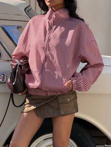 Muchica 女士红色格子拉链落肩轻薄休闲梭织外套 - 彩色 - 查看 4