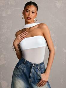 SHEIN BAE Body transparent sans bretelles noir unicolore pour femmes, blanc, été, élégant, sexy chic, club, convient pour les festivals de musique, les concerts, les fêtes, les tenues de festival - Blanc - Voir 5