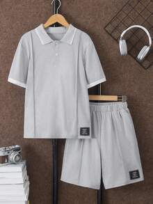 Vacaura 2件套青少年男童休闲灰色撞色袖口及logo装饰Polo衫套装，适合日常、通勤、休闲和运动穿着 - 灰色 - 查看 3