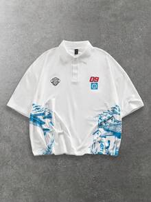 ROMWE MEN Goth Men's Architecture Print Polo Collar Short Sleeve Polo T-Shirt - White - View 1