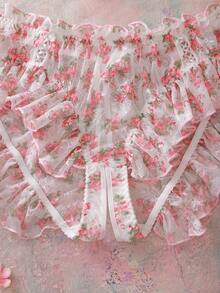 FloralLove Plus Size Women Lace Floral Ruffle Trim Sexy Lingerie - Pink - View 5