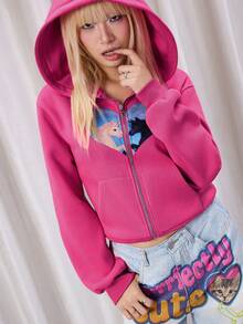 Y2Kool Maria Clara Maia Áo khoác hoodie nữ màu hồng cánh sen phong cách Y2K, kiểu dáng ngắn, họa tiết trái tim kỳ lân, thích hợp cho mùa thu/đông, dự tiệc, lễ hội, mặc hàng ngày. Áo hoodie màu hồng có khóa kéo, thích hợp cho sinh nhật nữ, lễ hội hóa trang. - Hồng - Xem 1