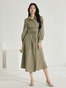 Heiryn Damen einfarbiges langärmliges Midi-Kleid mit Bindedetail, modisch und vielseitig - Olivgrün - Übersicht 4