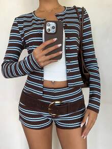 Siren Gaze Brown & Blue Striped Long Sleeve Top And Shorts Set, Spring/Autumn Casual