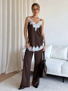 Siren Gaze 女士新款缎面蕾丝拼接吊带背心套装，秋冬款 - 棕色 - 查看 7