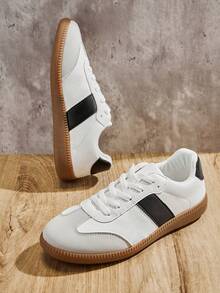 Solezae #Retro Play Women's Round Toe Gum Sole Vegan Suede White Black Sneakers – Sporty Stripes, Cushioned Comfort, Perfect For Everyday Streetwear Look. For Christmas - White - View 5