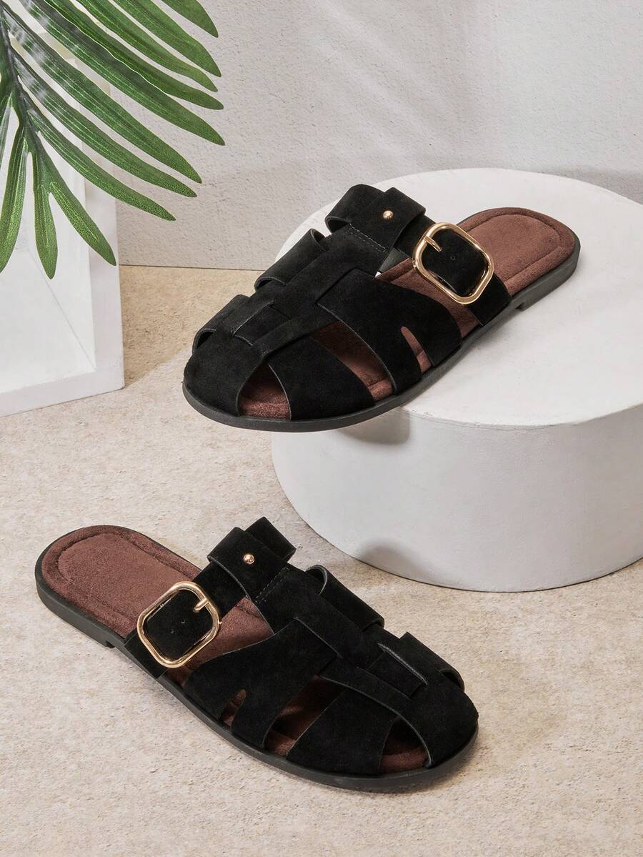 Solezae Women's Vegan Suede Black Buckle Strap Fisherman Slide Sandals – Elegant, Soft & Vacation-Ready. Valentine's Day - Black - View 1