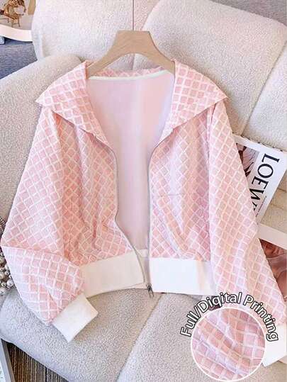 Franclia Women's Cute Pink Plaid Zip-Up Sweatshirt