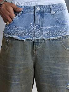 ROMWE MEN Street Life Quần Jeans Nam Cổ Điển, Vải Cotton, Vải Chắp Vá, Rách, Đã Giặt - Màu xanh lam - Xem 2