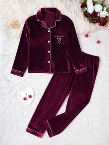 SHEIN 2件套女童/女士休闲舒适柔软韩版抓绒面料口袋爱心刺绣长袖长裤睡衣套装 - 紫色 - 查看 4