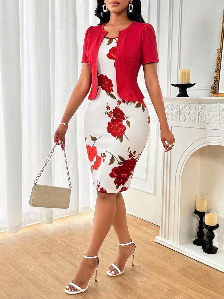 SHEIN Lady 春夏优雅蓝色日常通勤连衣裙，适合女士参加派对、新年、舞会、生日等场合，商务休闲，情人节时尚派对商务女性优雅通勤纯色泡泡袖上衣搭配印花修身无袖连衣裙套装两件套 - 彩色 - 查看 1