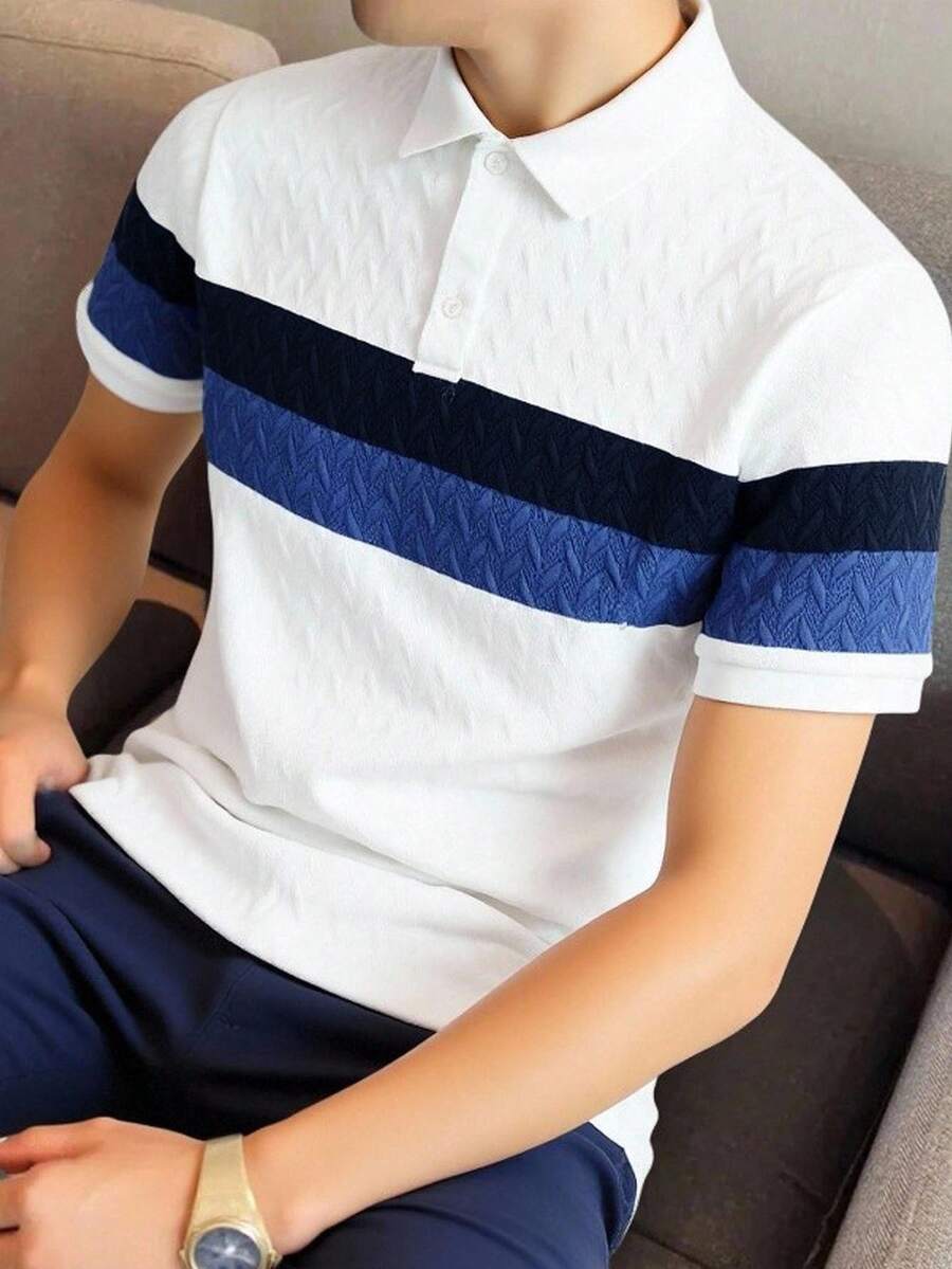 SHEIN Kemeja Polo Kasual, Nyaman, dan Serbaguna untuk Remaja Laki-laki dengan Motif Patchwork dan Kerah.