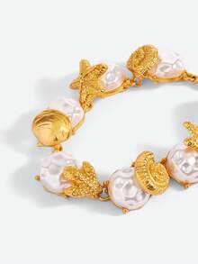 Opalesca 1 Pc Fashionable Starfish & Shell Asymmetric Pearl Bracelet For Women, Outfits, Old Money, Wedding/Bridal Accessories, Fairycore/Fairy, Pearl, Metallic/Texture, Fall/Autumn/Winter, Elegant, For Mom/Women/Girl/Mother, Premium, Vintage, Layered - Gold - View 5
