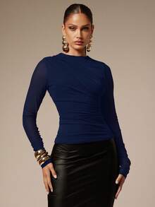 Silquee Áo thun nữ tay dài màu trơn, dáng ôm, thời trang, đa năng - Màu xanh hải quân - Xem 5