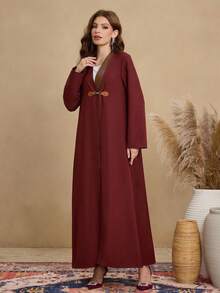 Al Najma Women's Retro Color Block Loose Long Abaya Robe, Suitable For Daily Commute - Redwood - View 6