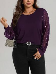 Comfylo 大码女式亮面圆领长袖百搭上衣，适合通勤和聚会穿着 - 紫色 - 查看 1
