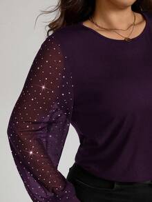 Comfylo 大码女式亮面圆领长袖百搭上衣，适合通勤和聚会穿着 - 紫色 - 查看 5