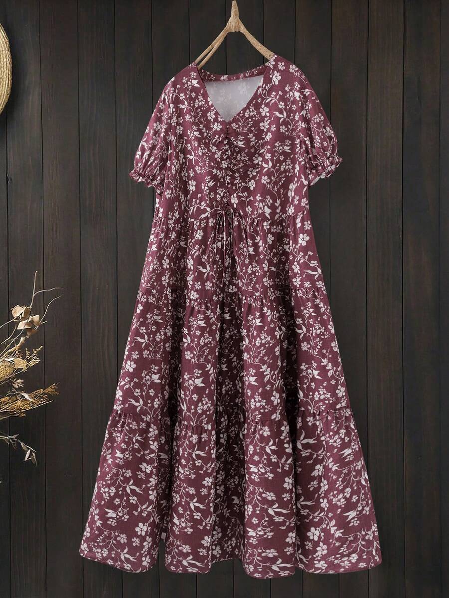 EMERY ROSE Damen Große Größen Blume Muster V-Ausschnitt Puffärmel Rüschensaum Kordelzug Taille Elastisch Vintage Kleid, Frühling/Sommer - Verschiedenfarbig - Übersicht 1