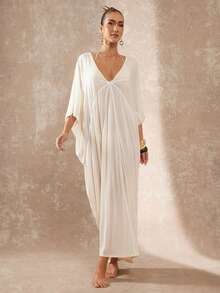 Lumalex 超大V领针织系带装饰蝙蝠袖长款薄纱连衣裙 - 杏色 - 查看 6