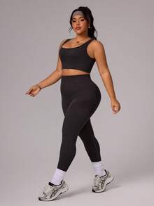 Rhythm Era 大码女式纯色露背背心和字母印花紧身裤运动套装