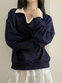 DAZY Áo nỉ rộng rãi có khóa kéo cổ màu tương phản dành cho nữ - Màu xanh hải quân - Xem 4