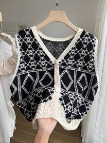 Comfortcana Áo vest dệt kim dáng suông họa tiết hình học jacquard dành cho nữ cỡ lớn - Nhiều màu - Xem 4