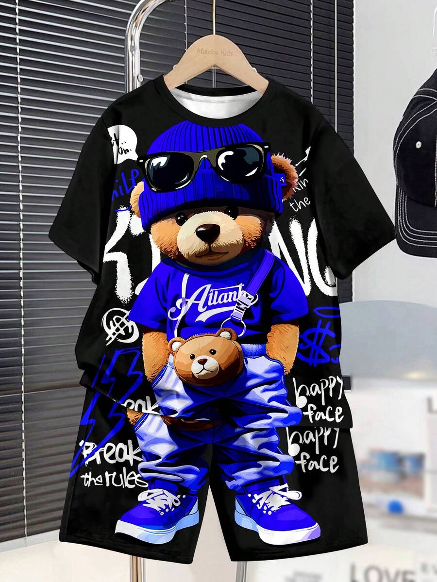 两件套男童休闲卡通图案圆领短袖短裤套装，适合夏季穿着 - 白色 - 查看 1