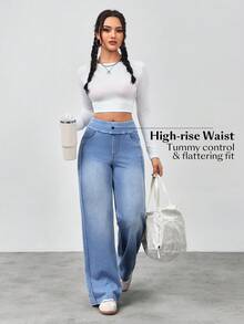 SHEIN Unity Jeans rectos de cintura alta lavados de estilo casual para mujer - Azul - Ver 7