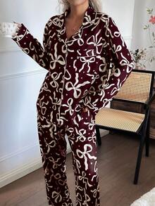 Dream Adore 蝴蝶结星形印花翻领长袖睡衣套装 - 酒紅色 - 查看 5